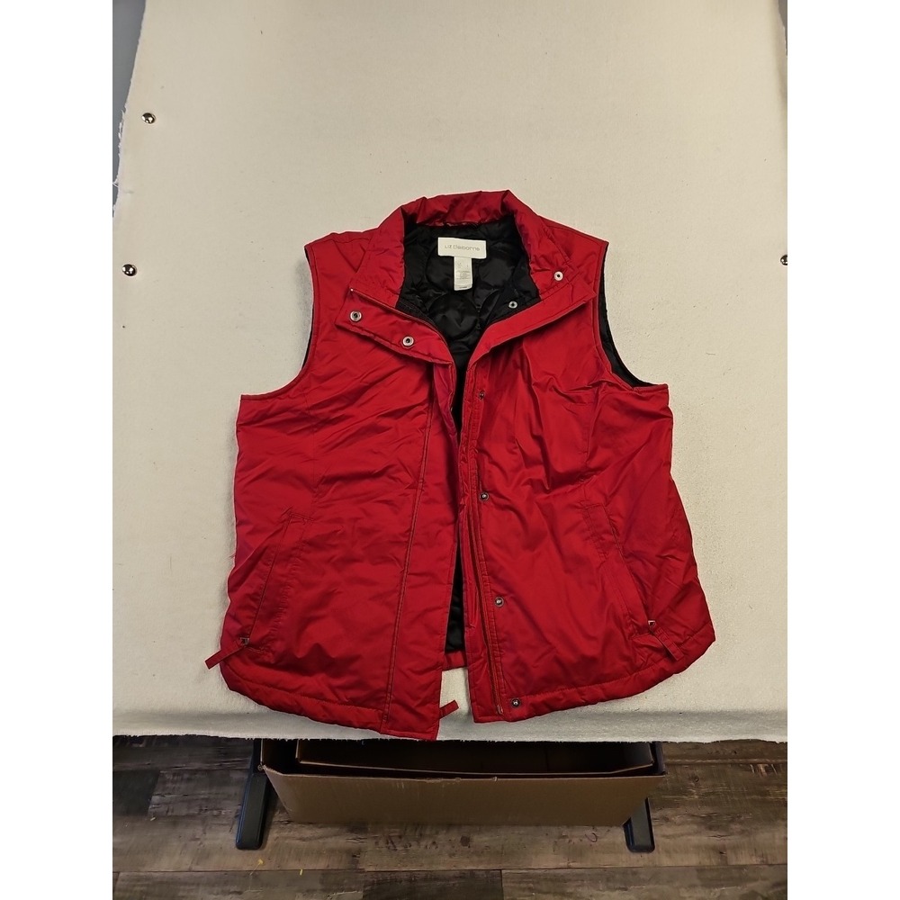 Liz Claiborne Women Jacket L Red Puffer Vest Wind Breaker Full Zip‎ Button